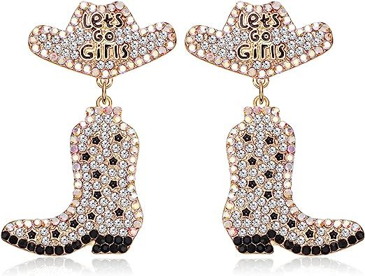 Western Earrings Sparkly Rhinestone Cowgirl Boot Drop Dangle Earrings Fun Handmade Country Concer... | Amazon (US)