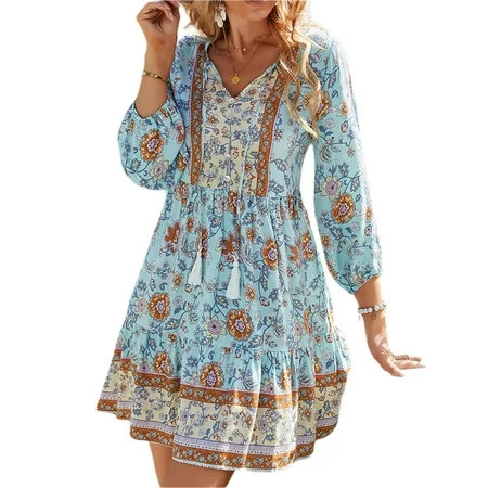 XIAXAIXU Women s Dress 3/4 Sleeve V Neck Front Button Tassel Fringe Straps Floral Print Boho Style D | Walmart (US)
