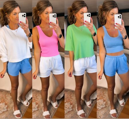 Aerie “Look for Less” @kohls
Blue longline top/ small
Blue shorts/ medium
White sweatshirt/ medium
Pink & orange tank/ medium
White shorts/ medium 
Blue and green boxy tees/ medium 

#LTKstyletip #LTKSeasonal #LTKfitness