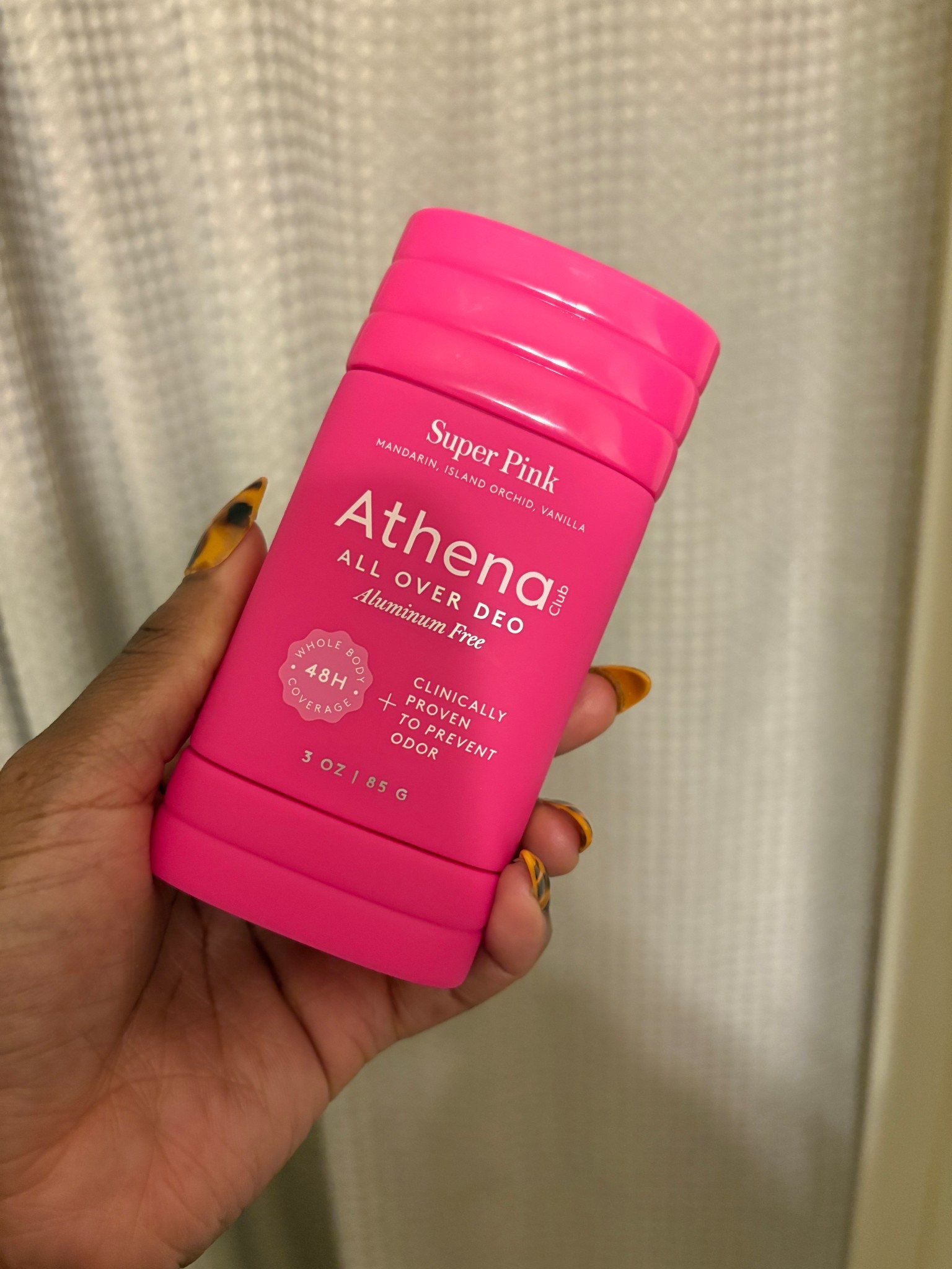 Trying a new scent of the Athena Club aluminum free deodorant stick in Super pink. 