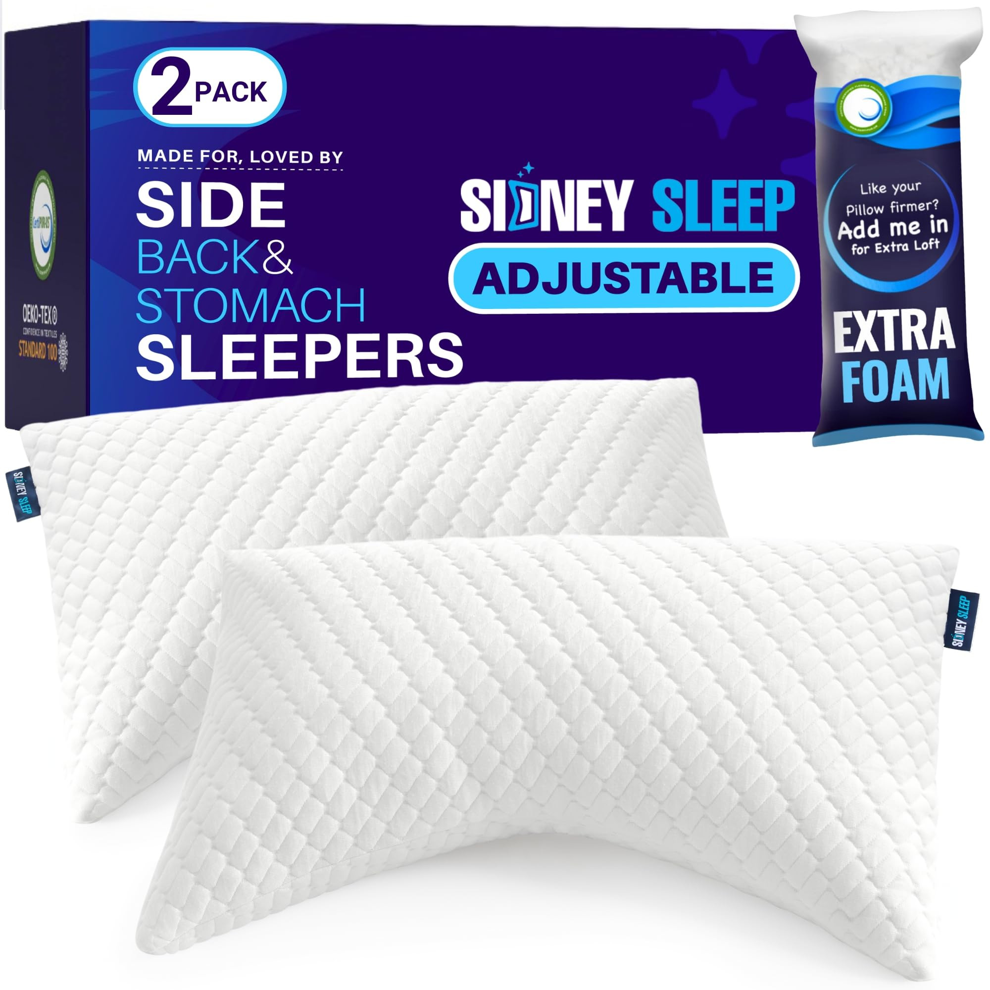 Sidney Sleep Set of 2 Queen Size Bed Pillows for Side and Back Sleepers - Adjustable Filling - Me... | Amazon (US)