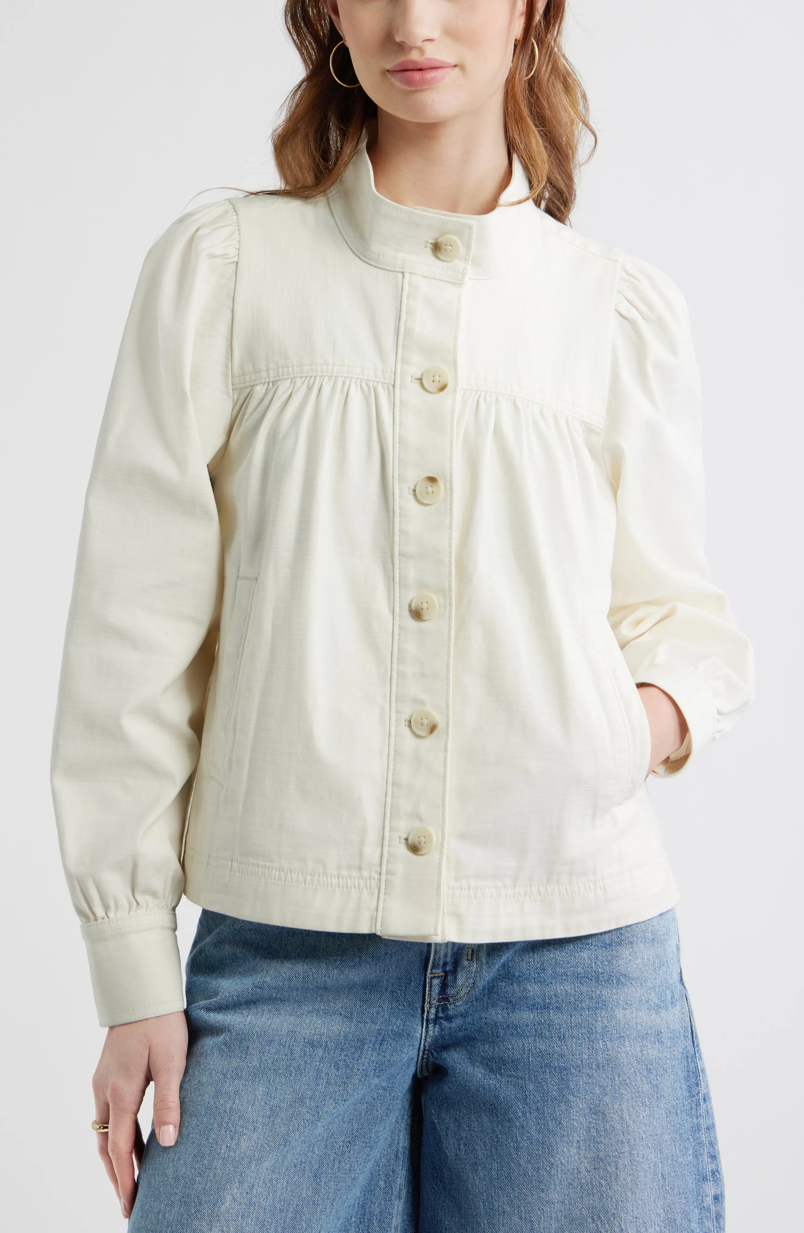 Treasure & Bond Gathered High Neck Denim Jacket in Medium Wash at Nordstrom, Size Large | Nordstrom