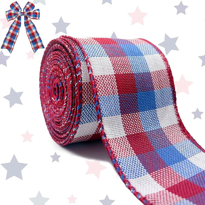 Summer Patriotic Ribbon Wired, Red White Blue Gingham Fabric Ribbon Plaid Checkered Ribbons for B... | Amazon (US)
