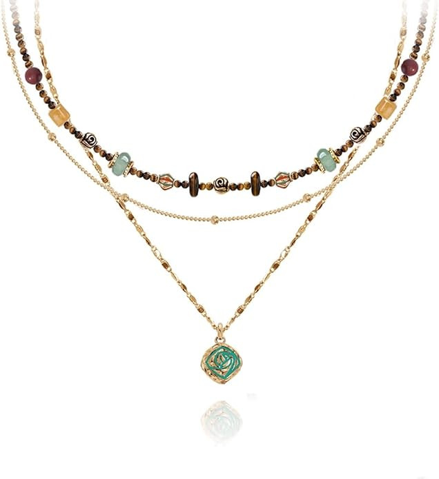 boho layered Original design Retro style multi-layer beaded necklace Fashion women's gold-plated ... | Amazon (US)
