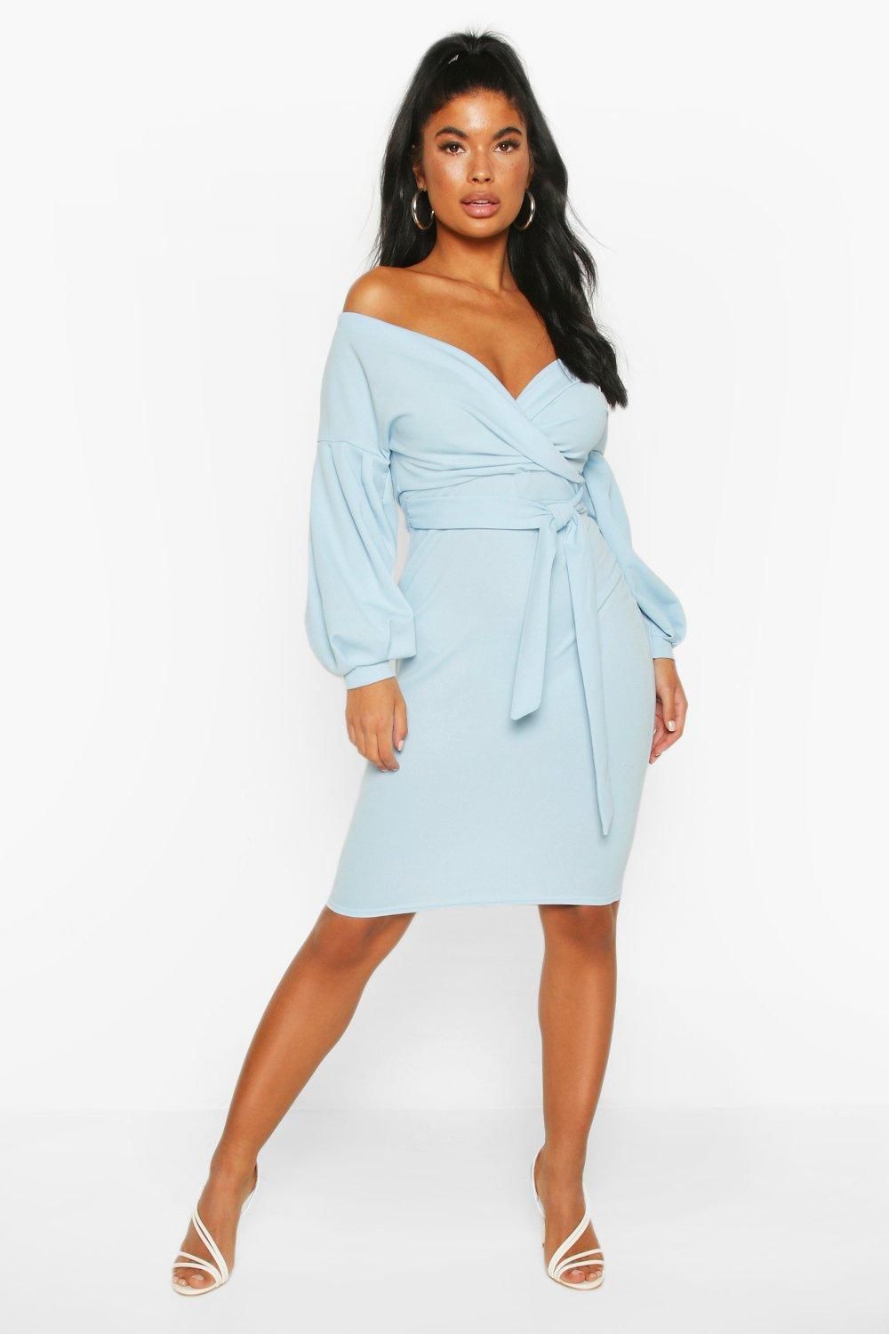 Womens Petite Off The Shoulder Wrap Midi Dress - Blue - 8 | Boohoo.com (US & CA)