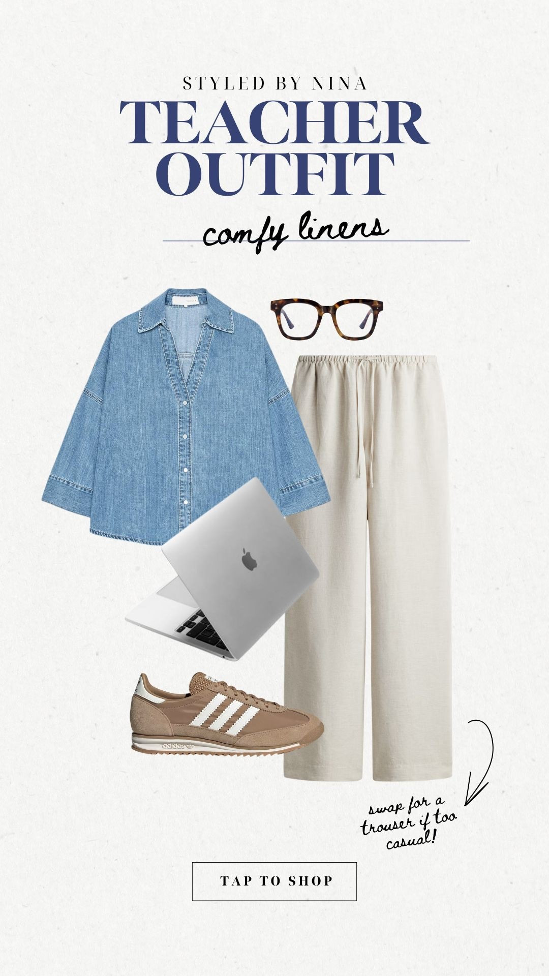 Teacher outfit! Comfy linen outfit, linen pants outfit for an easy but cute look. Love the paring with a cute sneaker or some flats. I'm loving the denim top look too. Add blue light glasses for an extra accessory! 

Teacher outfit, casual teacher outfit, linen pants outfit, business casual 

#LTKWorkwear #LTKStyleTip #LTKSeasonal