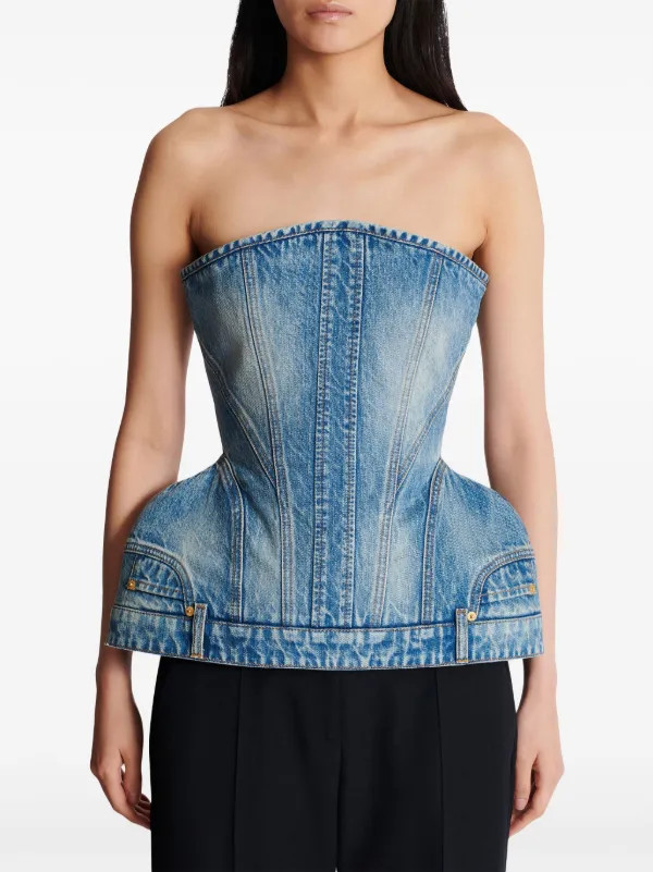 Balmain bustier-style Denim Top | Blue | FARFETCH | Farfetch Global