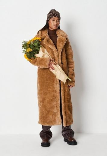 Missguided - Tan Borg Teddy Seam Detail Longline Coat | Missguided (US & CA)