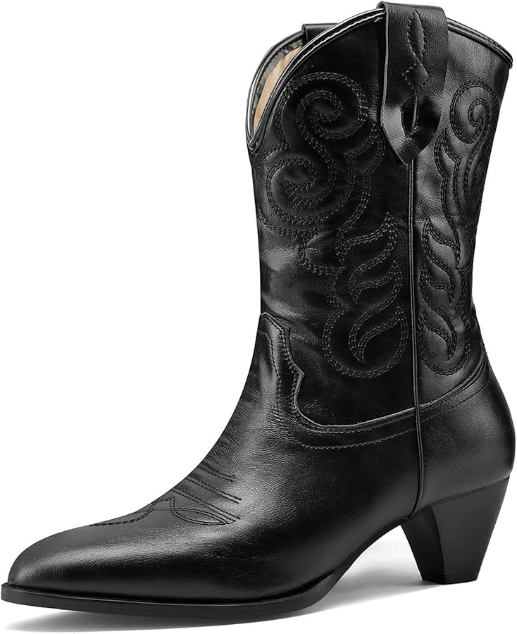 Alsoloveu Women Cowgirl Cowboy Boots Embroidered Western Boots Mid Calf Mid Heel Pointed Toe Shor... | Amazon (US)