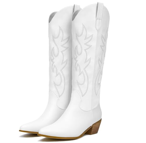 GOSERCE White Cowgirl Boots Knee High Cowboy Boots for Women Chunky Stacked Heel 2.5" Pointed Toe Embroidery White,10 | Amazon (US)