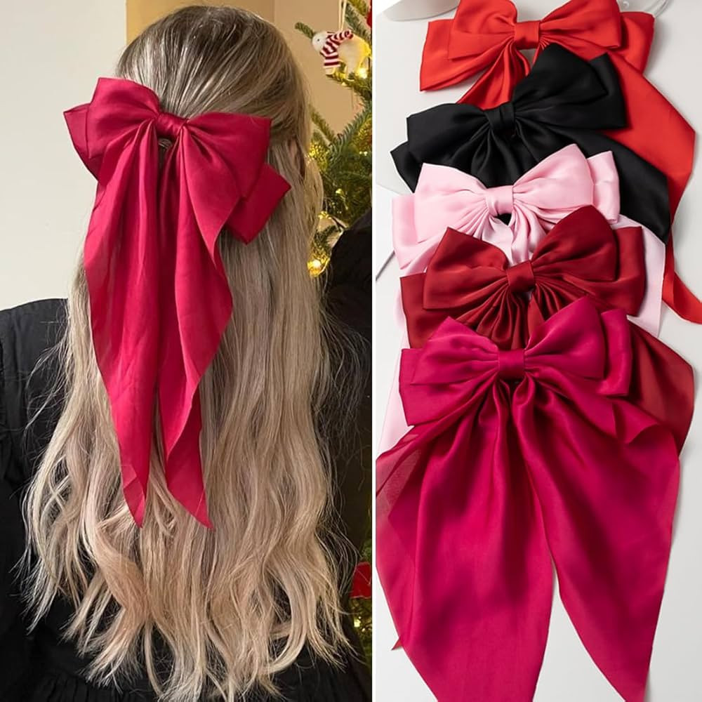 Satin Big Bows and Clips Set for Thick & Thin Hair: 5 PCS Bow-Knot Non-Slip Claw Clips for Women | Amazon (US)