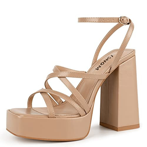 ISNOM Platform Heels for Women Nude Heels for Women Chunky Platform Heels Nude Chunky Heels for Women Nude Strappy Heels High Heels Block Heel Sandals for Women Square Toe Heels for Women | Amazon (US)