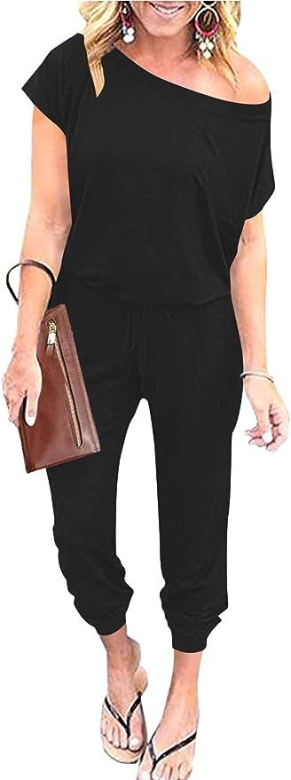 ANRABESS Women's Loose Casual Off Shoulder Elastic Waist Stretchy Long Romper Jumpsuit with Pocke... | Amazon (US)