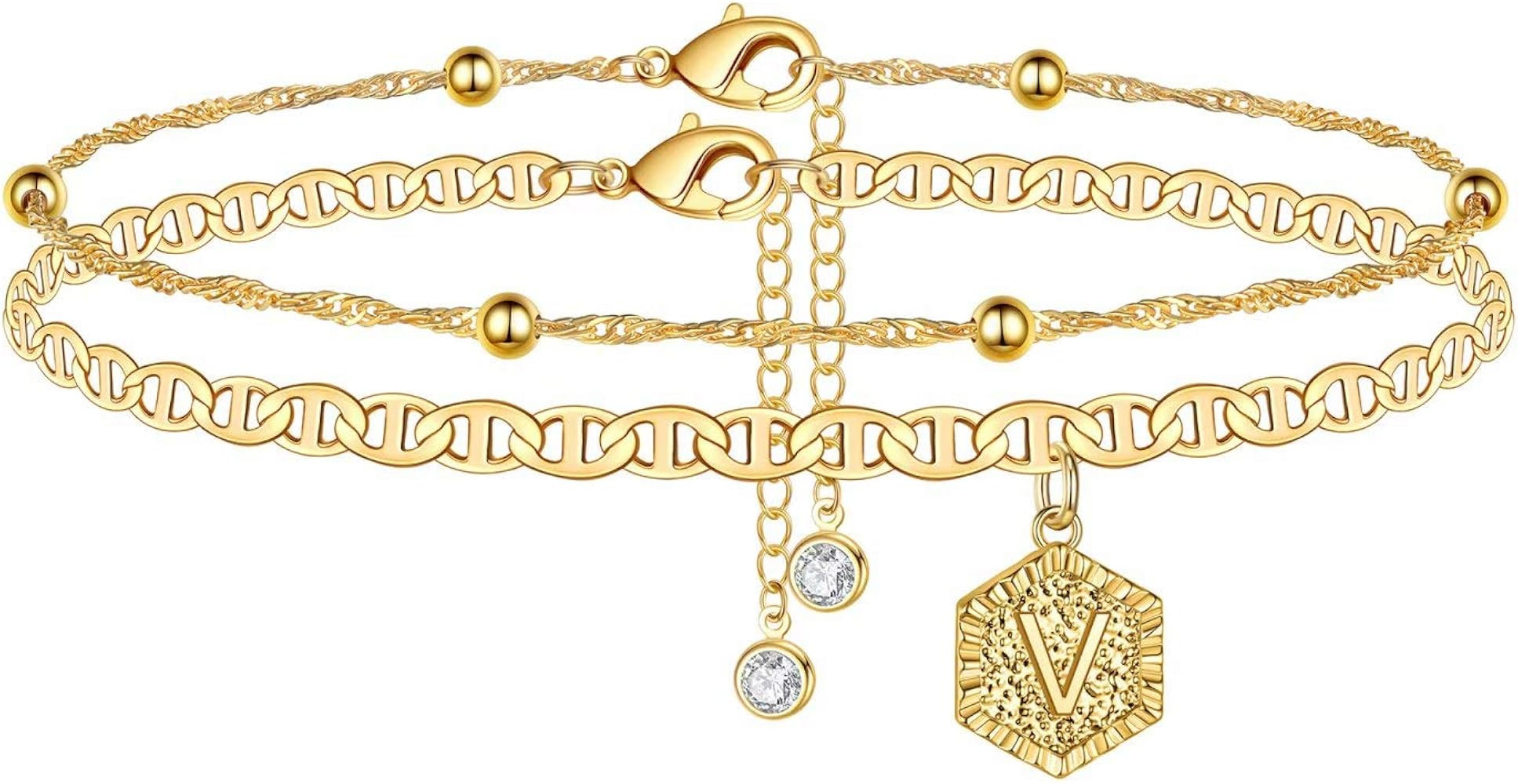 Ankle Bracelets for Women Initial Anklet, 2pcs Mariner Chain Layered 14K Gold Plated Letter Ankle... | Amazon (US)
