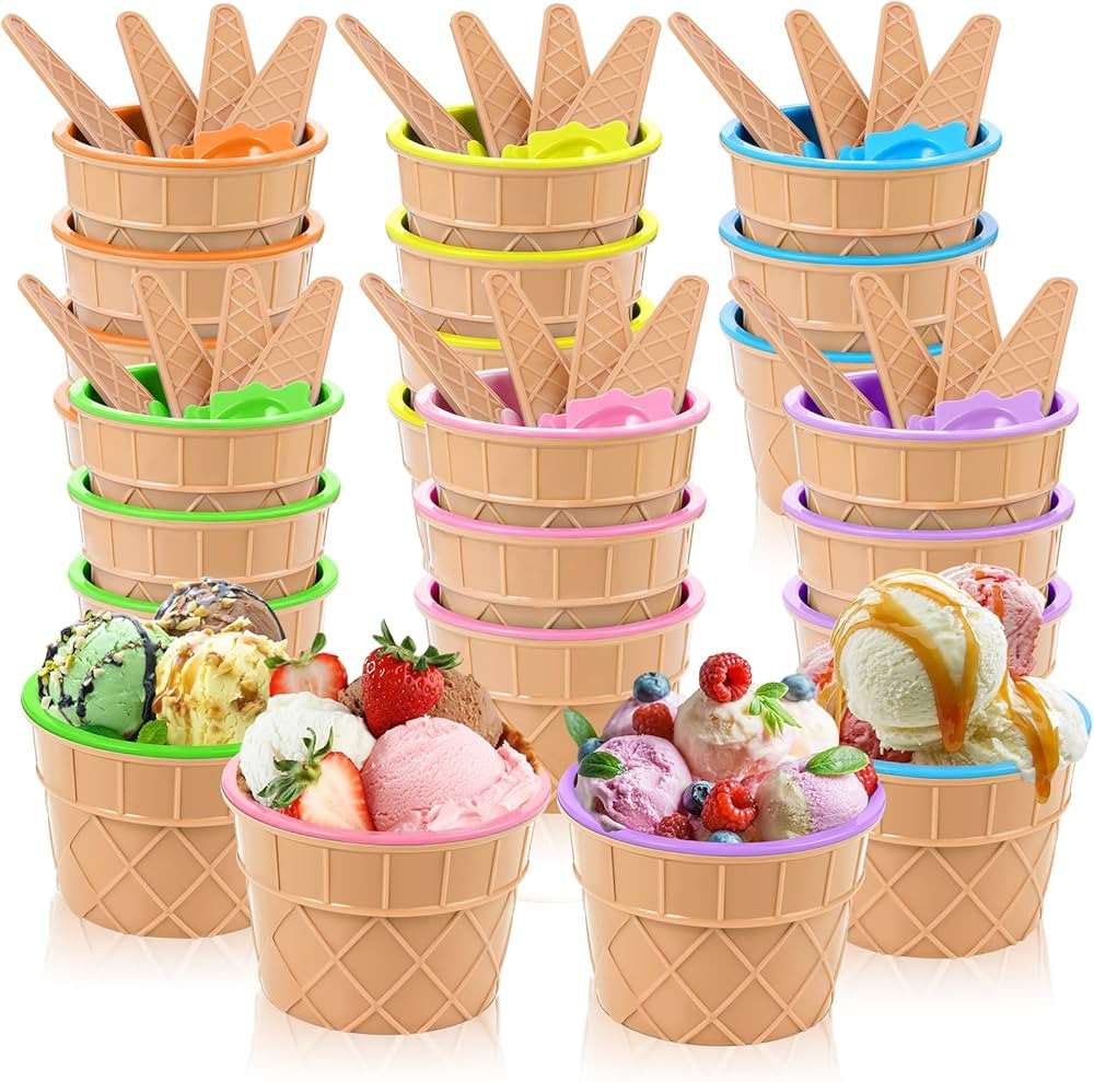 24 Pcs Ice Cream Bowls, Plastic Cartoon Ice Cream Cups and Spoons Set Reusable Cute Candy Color D... | Amazon (US)