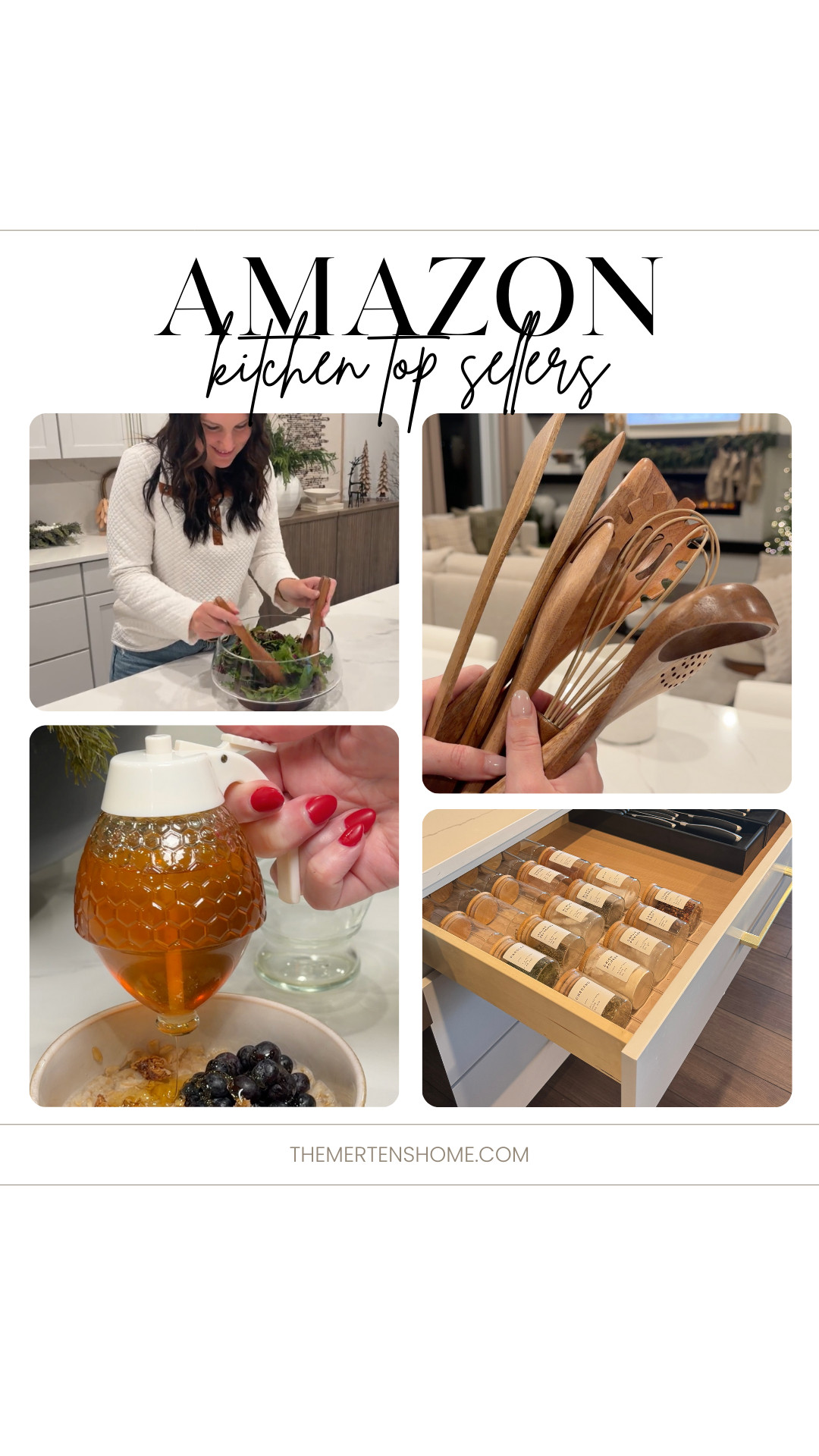 Kitchen top sellers straight from my kitchen 🤍 This honey dispenser is mess free and so satisfying to use. The salad bowl is the perfect size for everyday meals and hosting. These wooden utensils are pretty enough to leave out on the counter. And the spice jars instantly make your kitchen feel organized and elevated. All simple swaps that actually get used daily.   

 #LTKHome