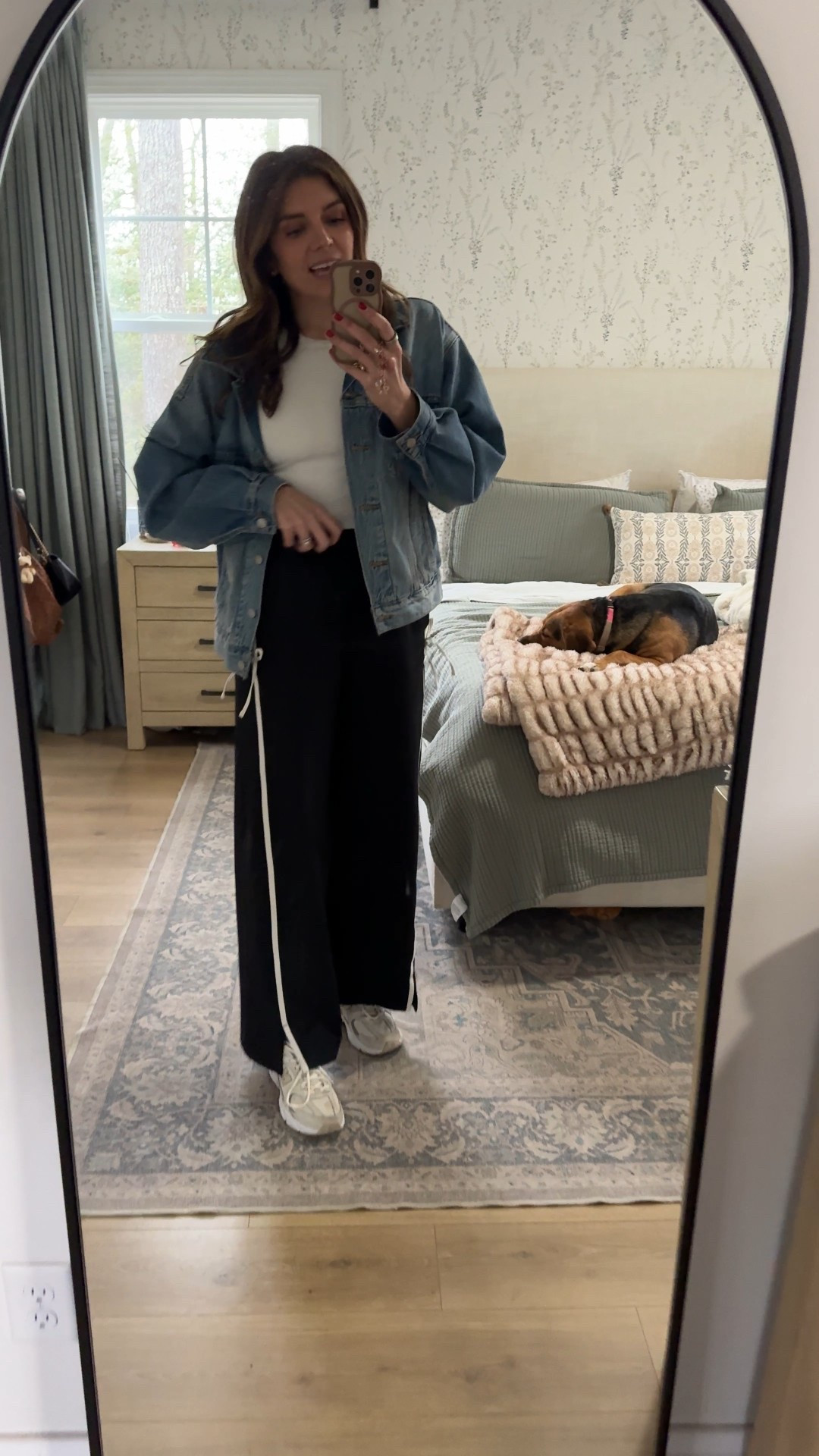 Outfit of the day! Medium in built in bra tank top, small denim jacket, small track pats. New balance sneakers are tts. I’m 5’7” 

#LTKTall #LTKOver40 #LTKootd