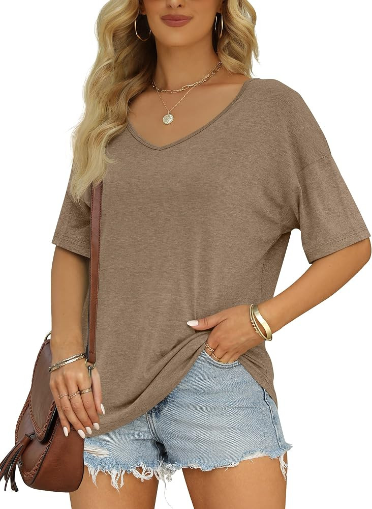 MIROL Women's Half Sleeve T Shirts Fashion V Neck Oversized Loose Tops Solid Casual Basic Blouses | Amazon (US)