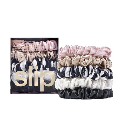 slip Midi Scrunchie Original Mix | Set of 5 Pure Silk Scrunchies in Pink, Caramel, Navy Stripe, White, & Black | 100% Mulberry Silk, Anti-Crease, Gentle on Hair, Reduces Breakage | Stylish & Durable | Amazon (US)