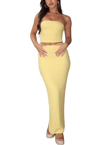 Two Piece Skirt Outfits for Women Sleeveless Tube Tops Bodycon Sexy Maxi Dress 2 Piece Summer Y2K... | Amazon (US)