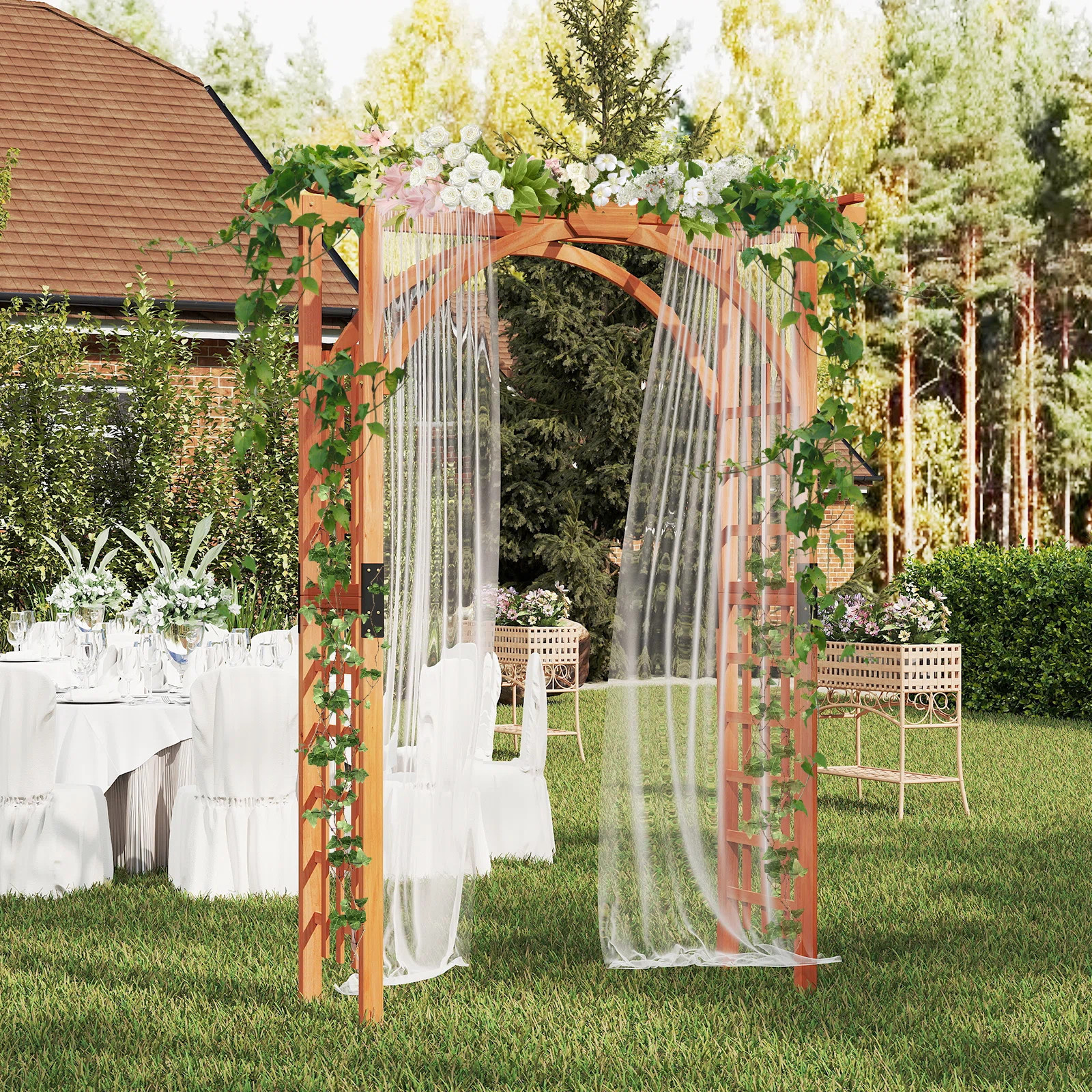 84" Outdoor Wood Arbor Natural Finish Arch Trellis Pergola Lattice | Wayfair North America