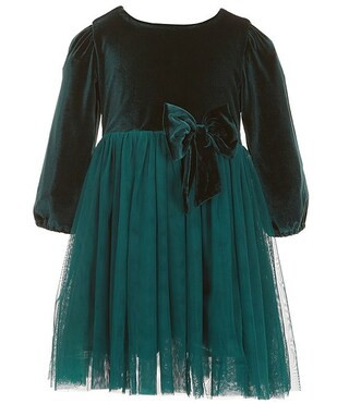 Little Girls Long-Sleeve Velvet/Mesh-Overlay Skirted Fit-And-Flare Dress | Dillard's
