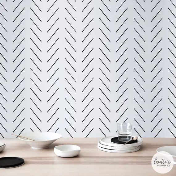 Modern delicate herringbone wallpaper in black and white, Scandinavian design, removable self adh... | Etsy (US)