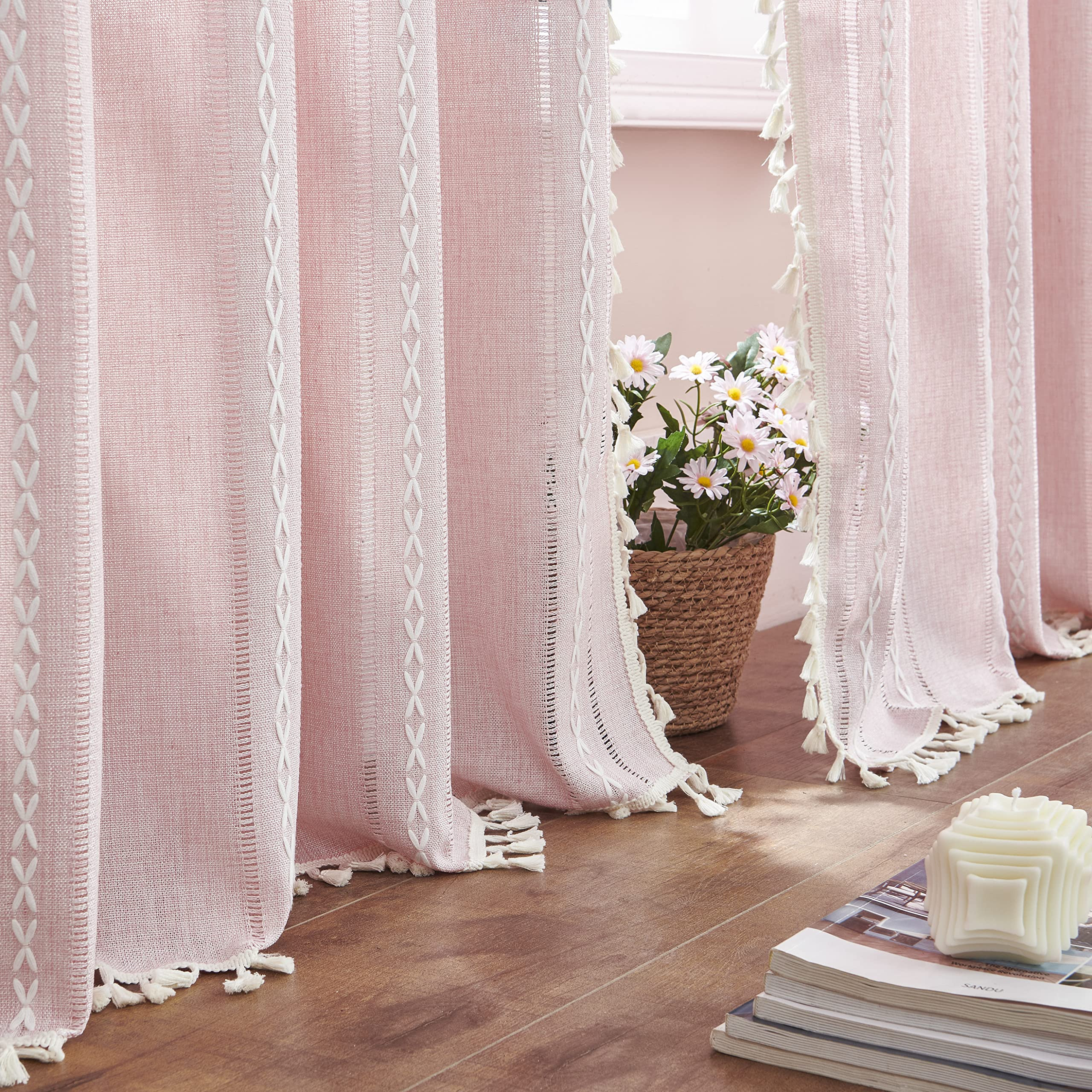 Linen Boho Pink Embroidered Curtains for Girls Bedroom & Nursery - 84" Long, 2 Panels, Light Filt... | Amazon (US)