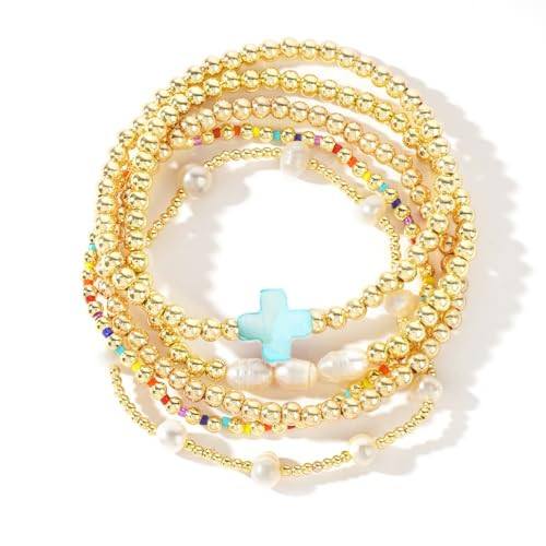 SHINUS BOHO 14K Gold Pearl Beaded Cross Bracelets Stack Set for Women,Stretch Boho Colorful Christian Beads Ball Jewelry Friendship Summer Trendy Gift | Amazon (US)