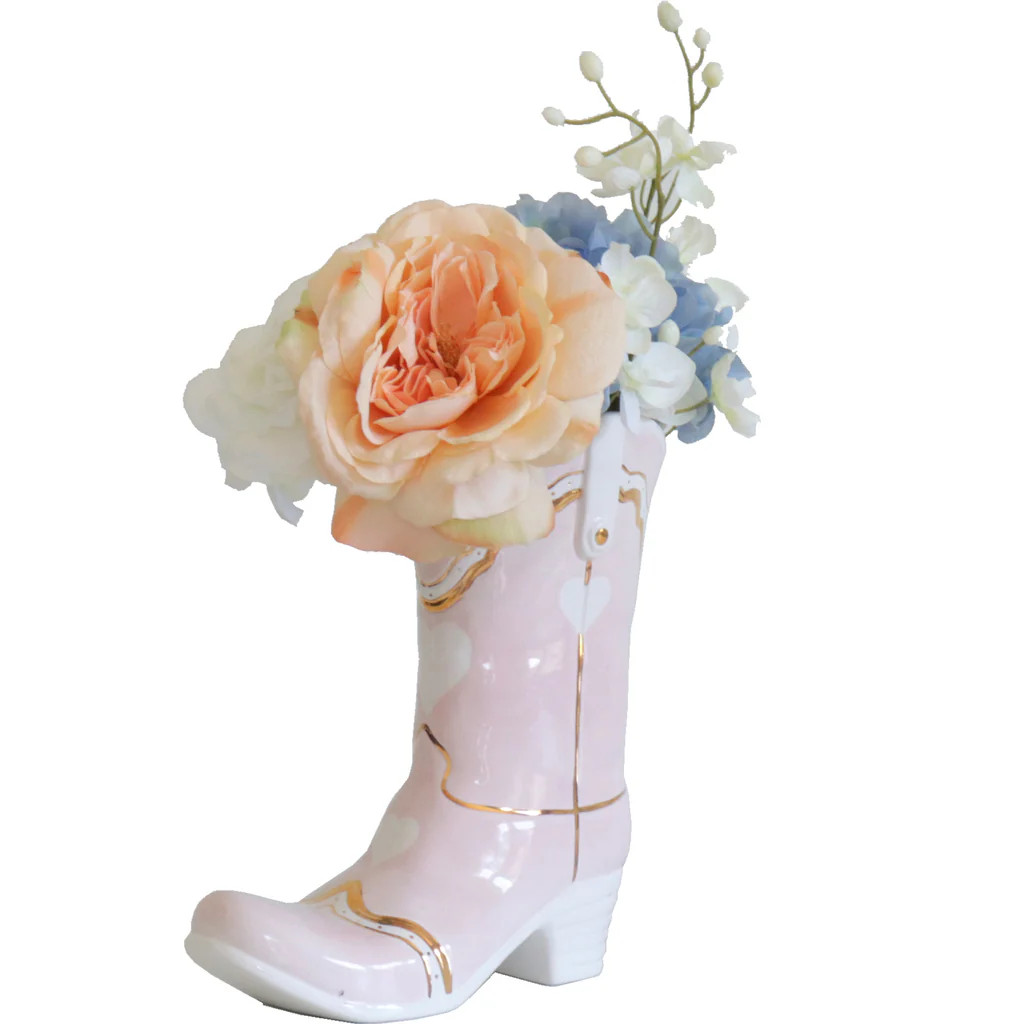 Cowboy Boot Vase with Hearts for Lo Home x Katey McFarlan in Pink | Lo Home by Lauren Haskell Designs