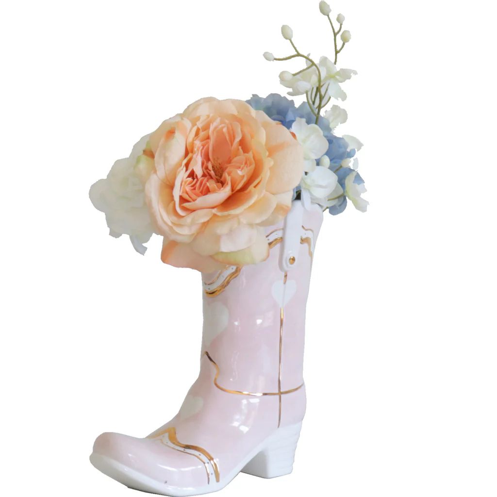 Cowboy Boot Vase with Hearts for Lo Home x Katey McFarlan in Pink | Lo Home by Lauren Haskell Designs