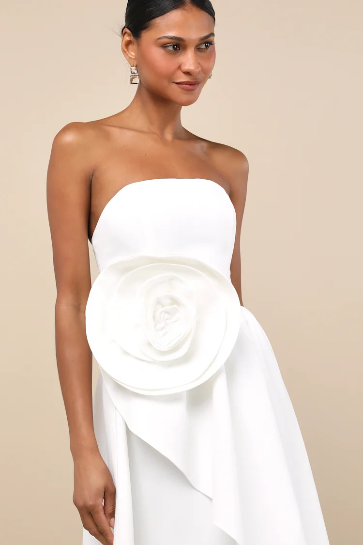 Emiliana White 3D Rosette Strapless High-Low Maxi Dress | Lulus