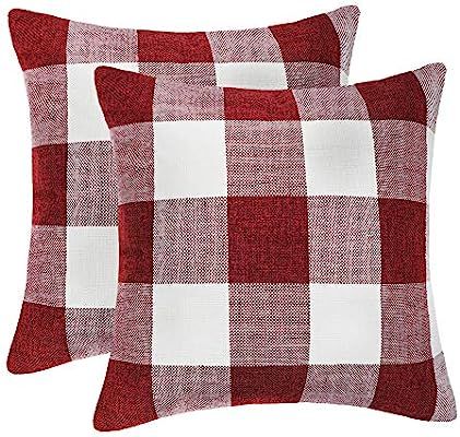 4TH Emotion Set of 2 Farmhouse Buffalo Check Plaid Throw Pillow Covers Cushion Case Cotton Linen ... | Amazon (US)