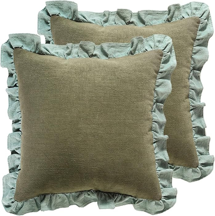 patdrea Green Shabby Chic Decorative Throw Pillow Covers 22x22 Set of 2,Farmhouse Linen Pillow Co... | Amazon (US)