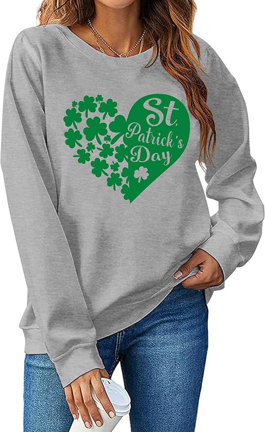 St. Patrick's Day Sweatshirt Women Shamrock Heart Shirts Irish Gift Crewneck Casual Loose Fit Top... | Amazon (US)