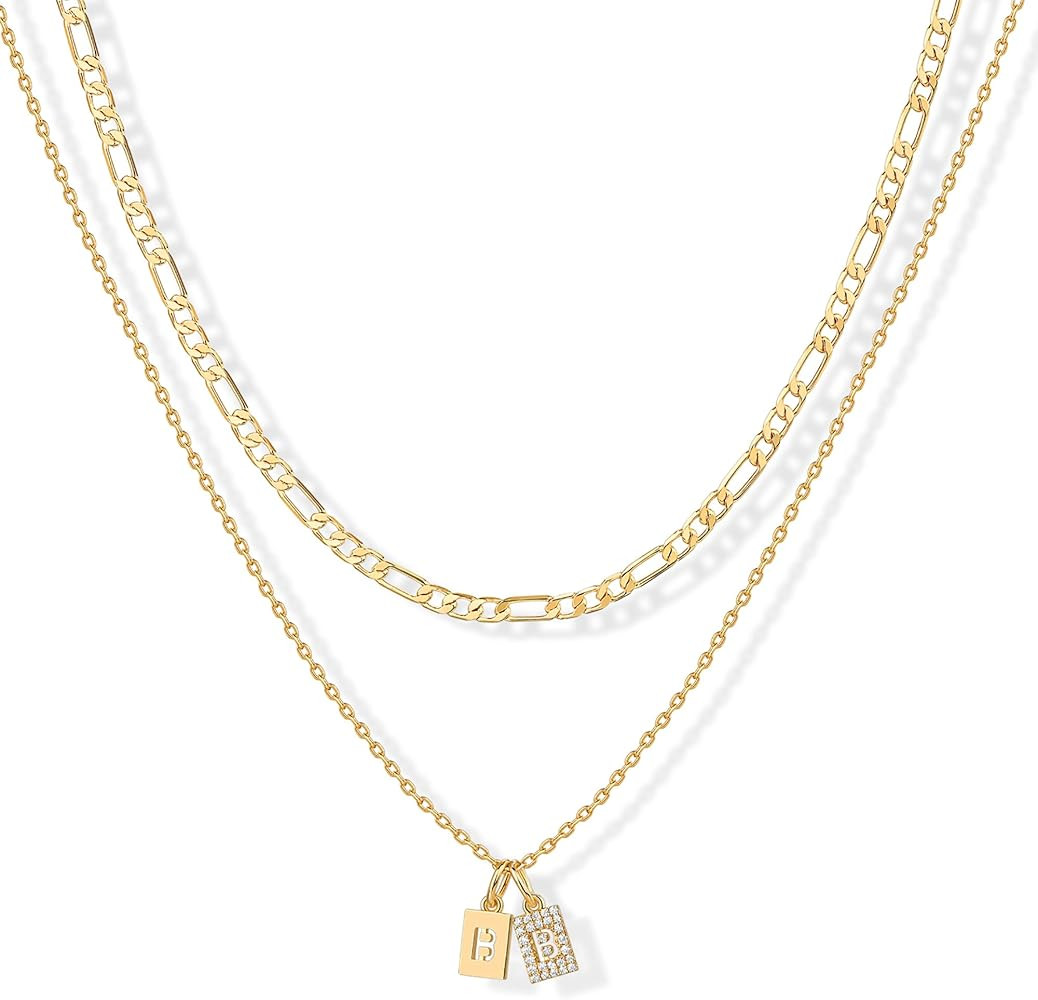 PAVOI 14K Gold Plated Initial Letter Double Dog Tag Pendant Necklace | Dainty Cubic Zirconia Lett... | Amazon (US)