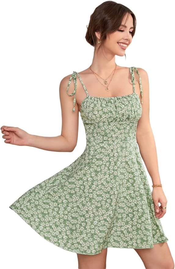 SheIn Women's Summer Floral Ruched Bust Tied Shoulder Short Cami Dress | Amazon (US)