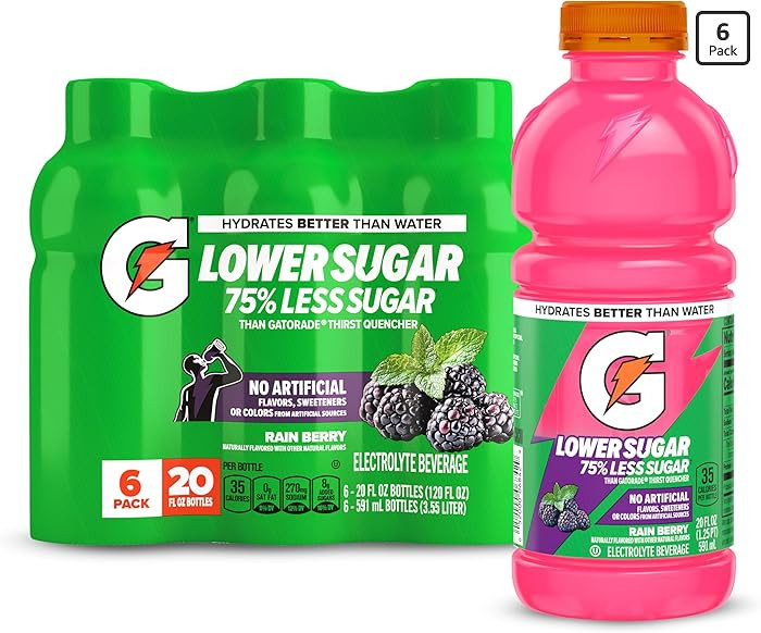 Gatorade Lower Sugar Electrolyte Sports Drink, Rain Berry, 20 fl oz Bottles, (6 Pack), 75% Less S... | Amazon (US)