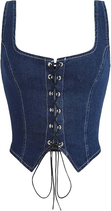 Verdusa Women's Sleeveless Scoop Neck Lace Up Front Asymmetrical Hem Denim Crop Tank Top | Amazon (US)