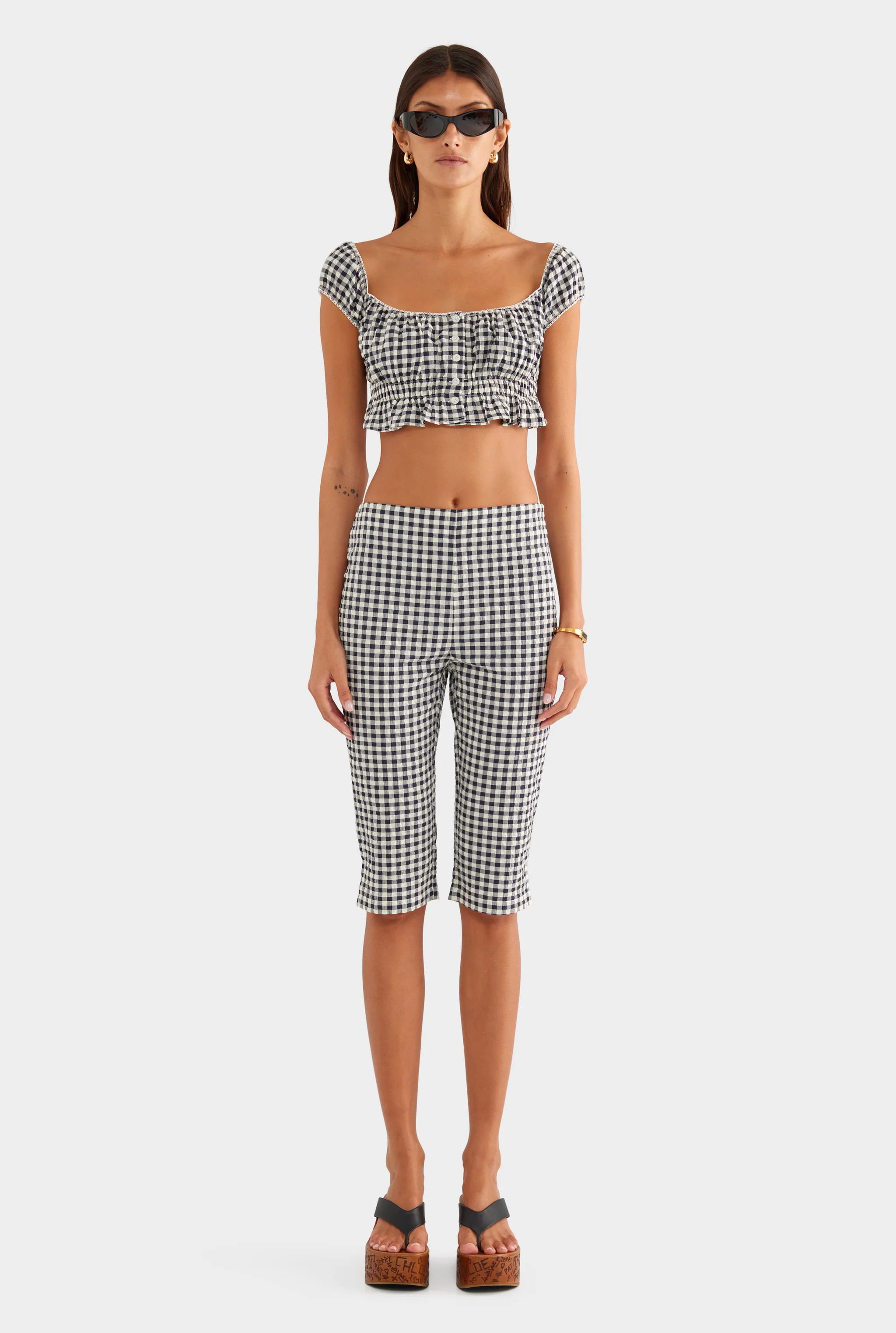 Off Shoulder Crop Top Navy/Cream Gingham | Venroy | Venroy AU