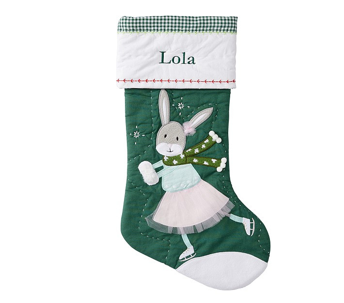 Green Skating Bunny Quilted Christmas Stocking | Pottery Barn Kids