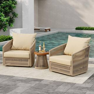 Khaki 3-Piece Metal Wicker Patio Conversation Set Outdoor Chairs and Coffee Table with Khaki Cush... | The Home Depot