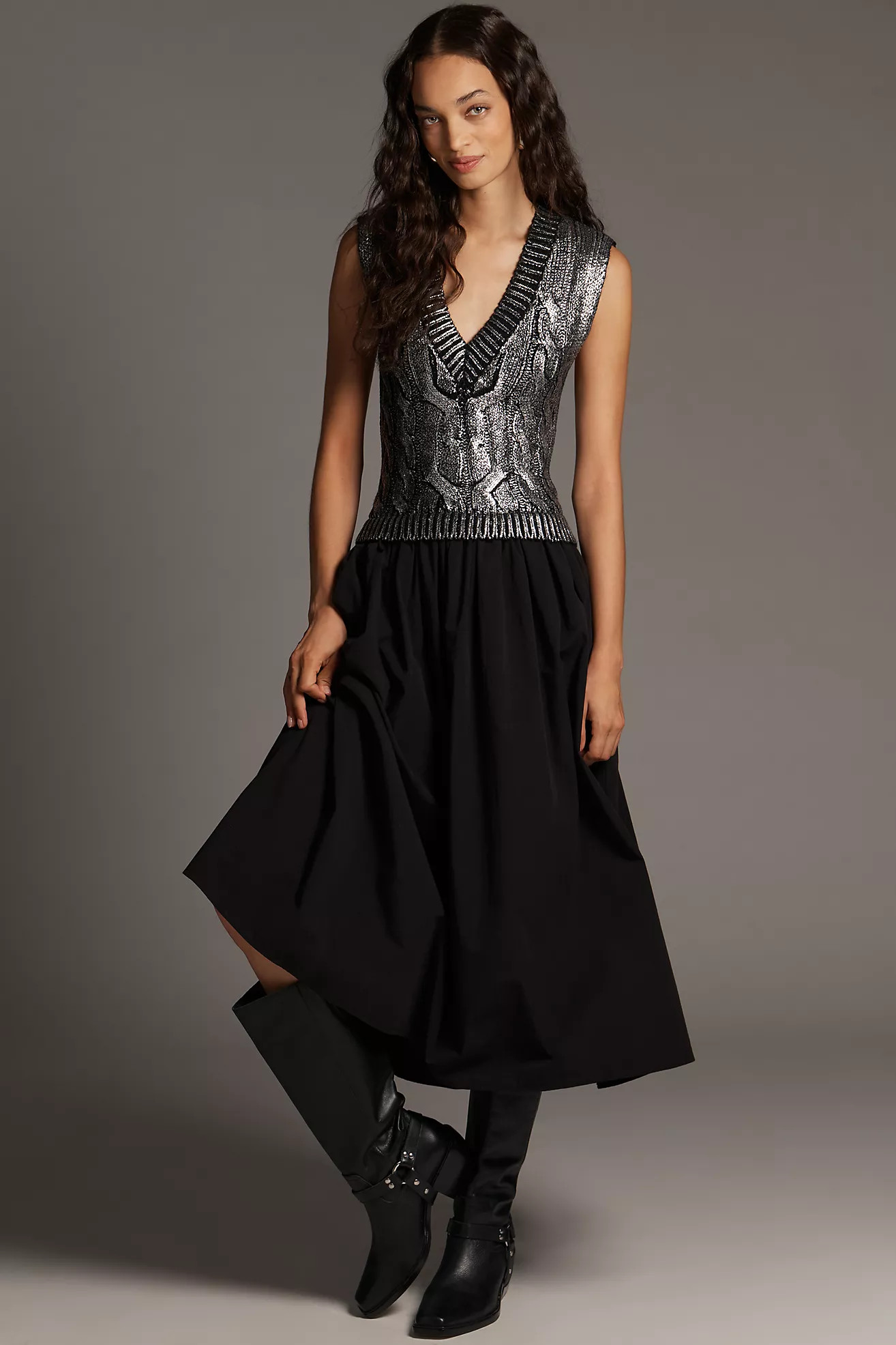 Pilcro Sleeveless V-Neck Foil Twofer Midi Dress | Anthropologie (US)