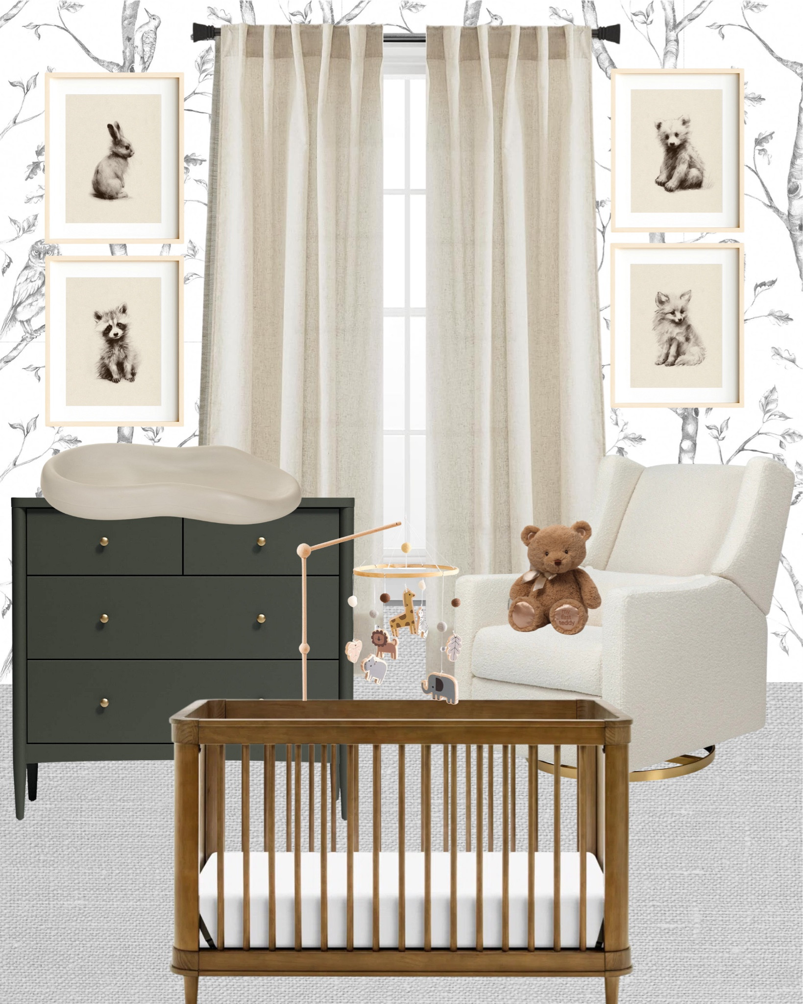 Timeless nursery inspo with neutrals, green & dark wood [splurge option]

Prints are from thecrownprints.com

Crate & barrel / namesake crib / babyletto chair 

#LTKBaby #LTKHome