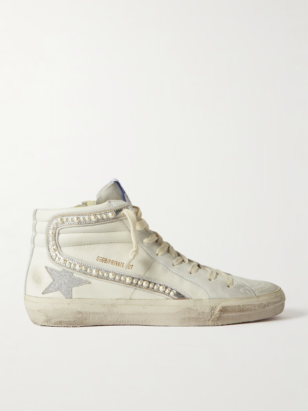 Golden Goose - Slide Embellished Distressed Glittered Leather And Suede High-top Sneakers - White | NET-A-PORTER (US)