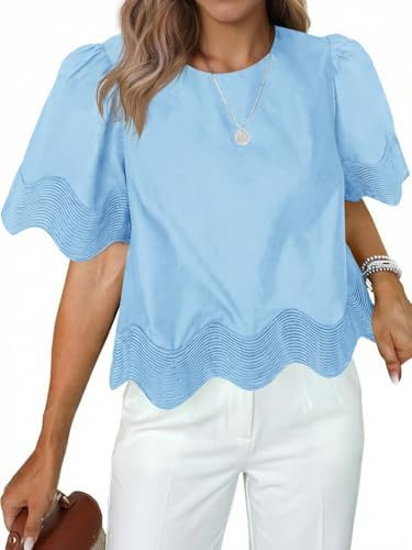 Tankaneo Womens Short Sleeve Crop Tops Summer Casual Scalloped Flowy Blouse Crewneck Ruffle Loose... | Amazon (US)