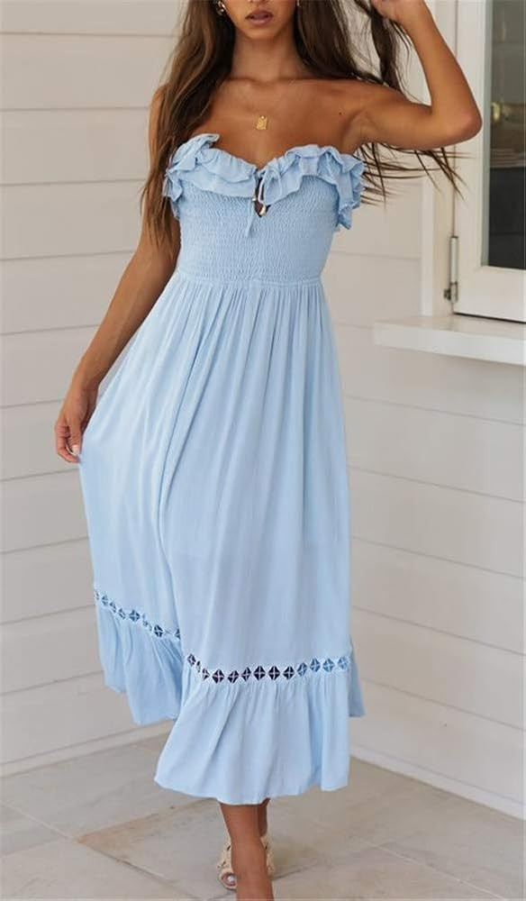 Amazon.com: SAUKOLE Women's Summer Sleeveless Strapless Ruffle Off The Shoulder Smocked Swing Cockta | Amazon (US)