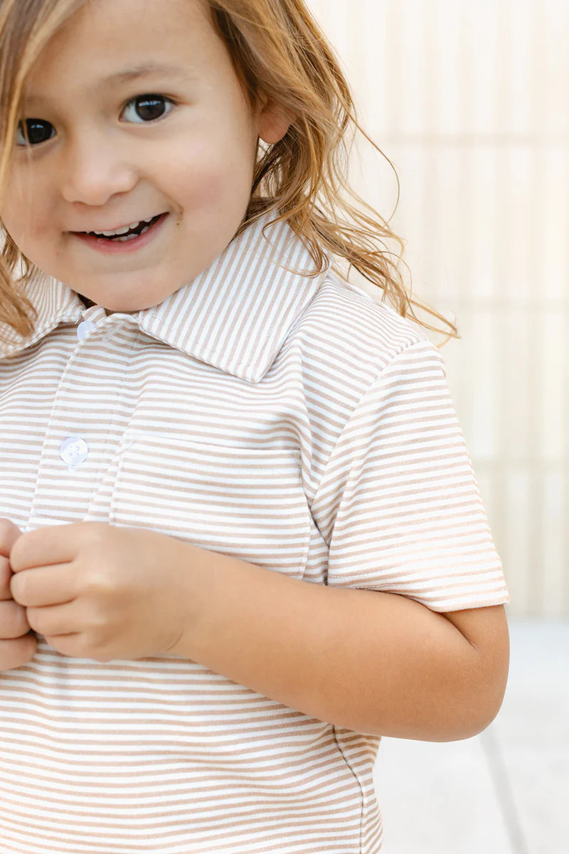 POCKET POLO - TAN/WHITE STRIPE | Little Paper Kids (US)