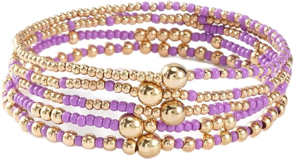 Caiyao Bohemia Multilayer Resin Beaded Stackable Bracelets Set Colorful Surfer Heishi Gold Beaded... | Amazon (US)