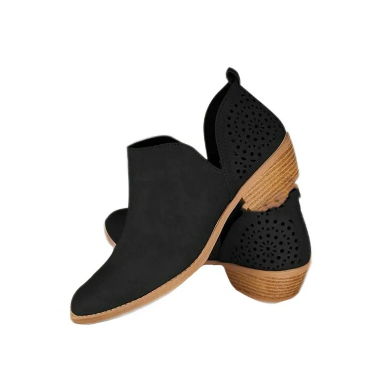 Gomelly Women Ankle Boots Fashion V Cut Stacked Heel Booties Black 8 - Walmart.com | Walmart (US)